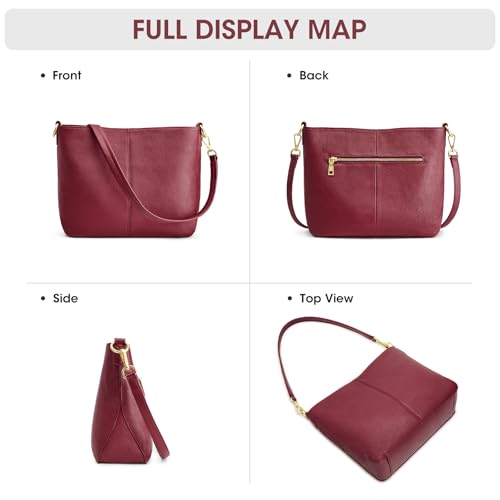 Image of Kattee Leather Crossbody Purse,Handbag Hobo Bag with 2 Straps,Red | Top grain pebbled leather with 2 magnetic pockets and 2 straps for crossbody or shoulder, ideal for work and travel.