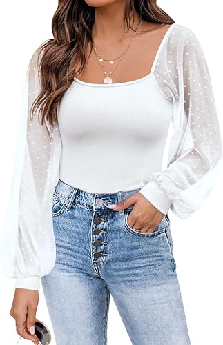 Timuspo Shirt Damen Sommer Mesh-Langarmshirt Weiße Bluse Elegantes Ribbed Knit Oberteil Puffärmel Casual Women's T-Shirts Slim Fit M