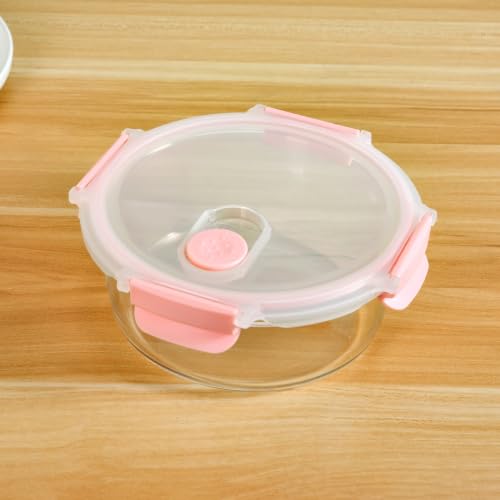 Image of Nestasia Round Stackable Glass Container with Lid Set of 4 (390ml, 630ml, 960ml, 1.4L) - Airtight Food Container with Air Vent for Kitchen | Dishwasher & Microwave Safe Container for Fridge Storage