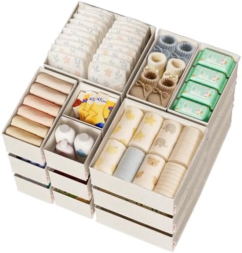 ZenStorage Baumwoll-Leinen-Schubladen-Organizer für Babykleidung, 20er-Pack Mehrgrößen-Kommoden-Unterteiler für Kleidung, Premium faltbare Aufbewahrungsboxen für Schlafzimmer, Schr