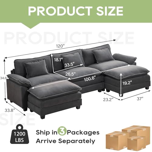 Image of Oprisen 120 inch Modular Sectional Sofa, Comfy Cloud Couch Sectional Sofa with Ottoman, Chenille Sofa Sleeper Deep Seat Sofa with Throw Pillows for Living Room (Blue Gray, 120 inch- U Shape)