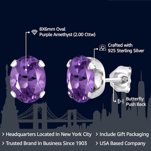 Gem Stone King Purple Amethyst Stud Earrings For Women Men | 925 Sterling Silver | 2.00 Cttw | Gemstone Birthstone | Oval 8X6MM2