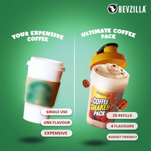 Image of Bevzilla 25 Assorted Instant Coffee Sachets & Bottle Pack | 2g Coffee Each Pouch | BPA Free Shaker 500 Ml For Office, School, Gym, College | Perfact For Espresso, Latte, Cappuccino | Enjoy Hot & Cold Brews