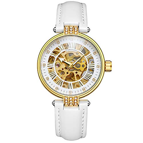 Image of FORSINING Women's Stylish Automatic Movement Analog Skeleton Dial Watch with Leather Strap, White, Casual Watch