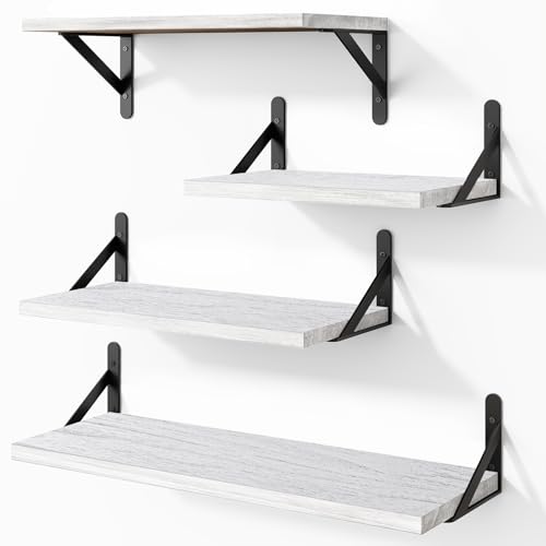 Image of YGEOMER White Floating Shelves for Wall, Different Sizes Rustic Wall Shelves for Living Room, Bathroom, Bedroom, Kitchen, Home Decor (Set of 4)
