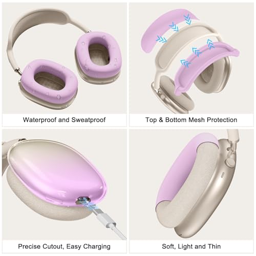 Image of Silicone Case Cover for AirPods Max 2,Clear Gradient TPU Ear Cups Cover /Ear Pad Case Cover /Headband Cover for AirPods Max 2 /1 (2026 /2024 /2020),Transparent Accessories for Apple AirPod Max,Light Purple