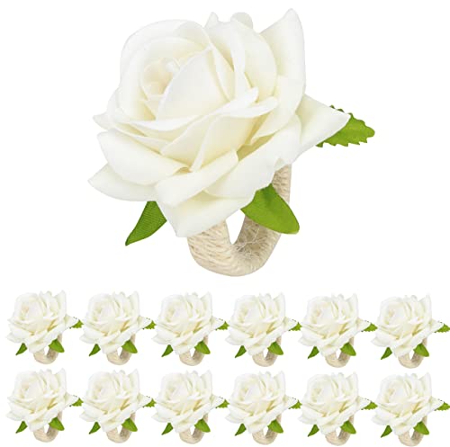 HuaLiSiJi Rond Serviette de Table Fleurs 12 Pièces Rond de Serviette Mariage Blanc, Fleur pour Le Banquet de Mariage décoration de dîner de Pâques de Noël (Blanc)