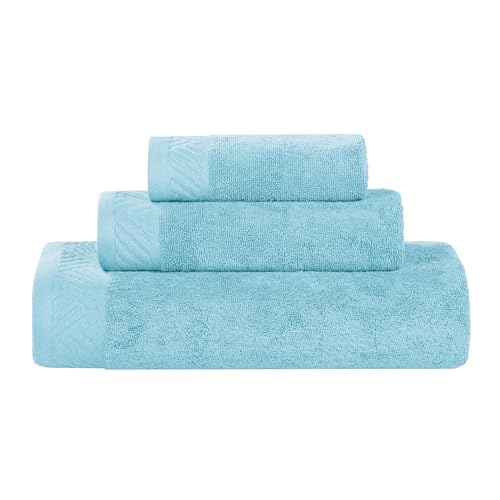 SUPERIOR Basketweave Egyptian Cotton 3 Piece Towel Set, Highly Absorbent, Basics, Home Essentials, Jacquard Border, Solid Towels, Includes 1 Bath Towel, 1 Hand Towel, 1 Face Towel, Sky Blue