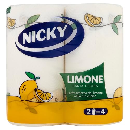Nicky Papier de cuisine citron - 2 rouleaux de 100 feuilles absorbantes à 2 voiles, épais et résistant, parfum de citron frais, papier 100% certifié FSC