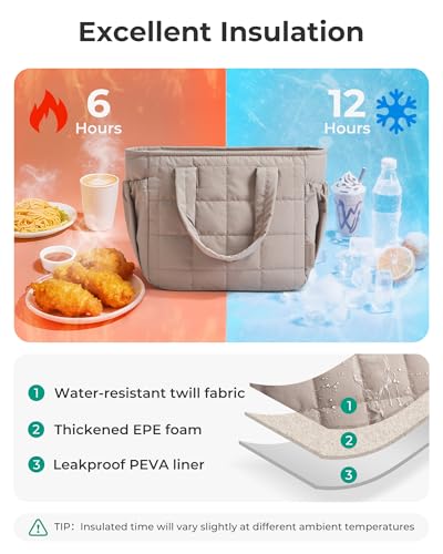 BAGSMART Lunch Bag for Women Small Cute Quilted Lunch Box Insulated Lightweight, Leakproof, Durable & Reusable Tote Bag for Work, Travel, Outdoor, Brown #1