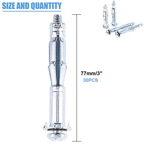 image for Glarks 30Pcs 6x65MM Heavy Duty Zinc Plated Steel Molly Bolt Hollow Dri