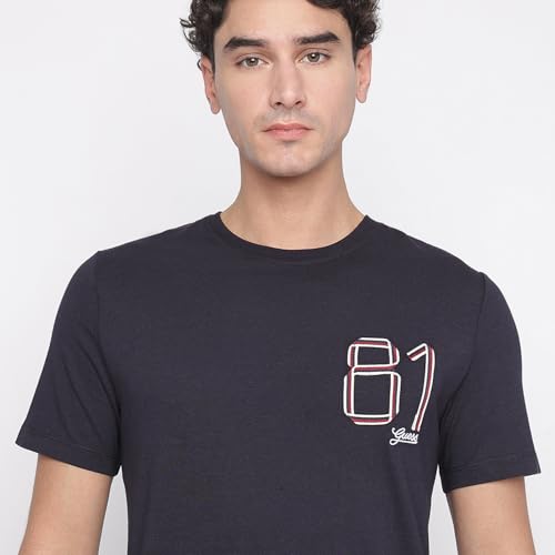 Image of GUESS Smart Blue Solid Round Neck Short Sleeves T-Shirt