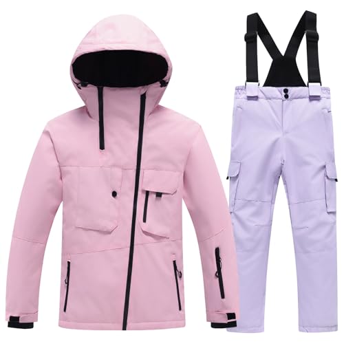 L SERVER Combinaison de Ski Fille à Capuche Coupe-vent et Imperméable Combinaisons de Neige Garçon Chaude Enfan Vêtements de Ski, Rose clair + violet clair, 5-6 ans
