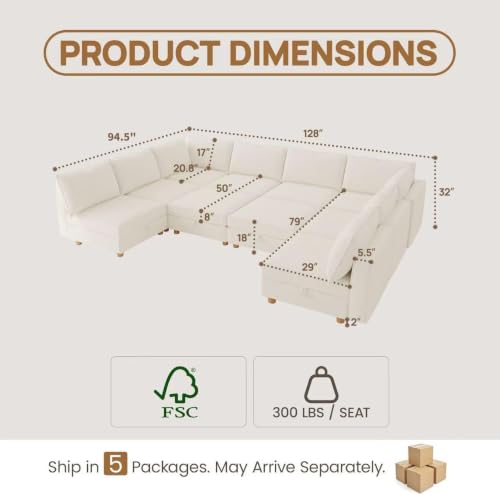 Image of 128 inch Chenille Modular Sofa Bed with Washable Covers & Storage, 10-Seater Modular Sectional Sleeper Sofa Bed with Movable Ottoman Chaise, Convertible Sleeper Sectional Couches for Living Room, Beige