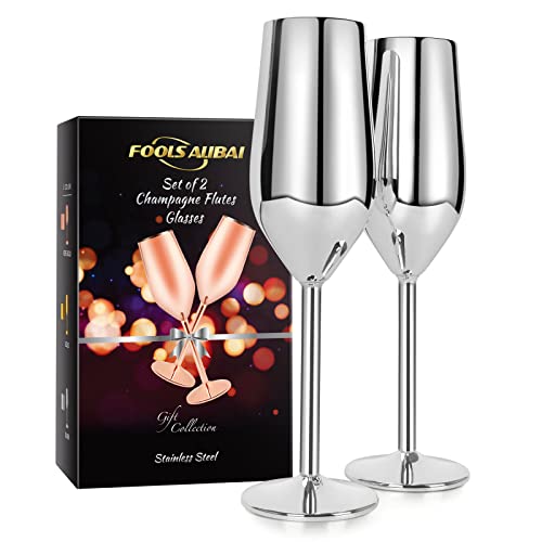 FOOLS ALIBAI 2 Pack Stainless Steel Champagne Glasses, 8oz Stemmed Unbreakable Champagne Glasses, Elegant Stainless Steel Champagne Flutes Wedding Glasses for Bride and Groom Christmas (Sliver)