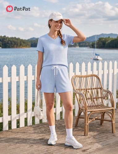 PATPAT Womens Pajama Set 2 Piece Ribbed Knit Soft Lounge Set with Pockets Short Sleeve Top and Shorts Summer Sleepwear Outfit Light Blue, XXL — view 4