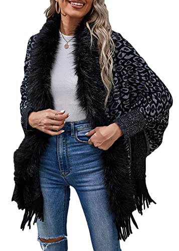 seiveini Cardigan Damen Lang Strickmantel Strickjacke Elegant mit Fransen Poncho Cape für Damen Langarm Mantel Jacke Leopardenmuster Outwear Casual Pulllover Damen Herbst Winter B Schwarz M