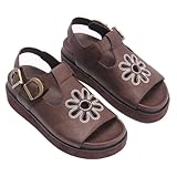 VOMIYALL Brown Flower Platform Sandals for Women with Adjustable Buckle Back Strap Comfort Summer Open Toe Slip on Slingback T-Strap Beach Sandals.