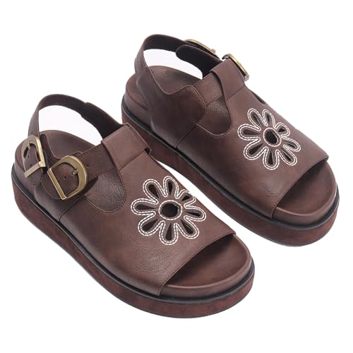 Brown Flower Platform Sandals for Women with Adjustable Buckle Back Strap Comfort Summer Open Toe Slip on Slingback T-Strap Beach Sandals.