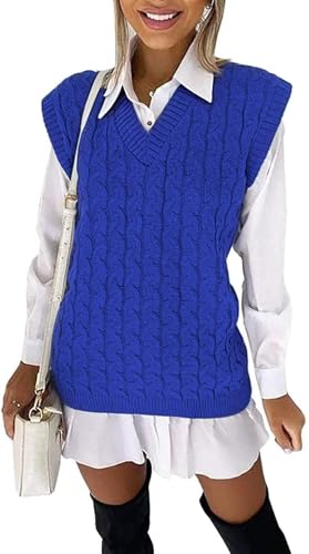 WeaAll Ladies Cable Knit Sleeveless Vest Women's Knitted Jumper Tank Top Winter Chunky Sweaters Royal Blue 8-10