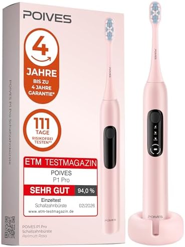Schallzahnbürste Testsieger 2026* POIVES P1 Pro Ultraschall, Perlmutt Rosa | Bestnote SEHR GUT**, 4 Jahre Garantie & 111 Tage Risikofrei testen***, Elektrische Zahnbürste mit Druck