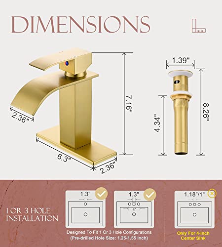 Yardmonet Gold Modern Single Hole Bathroom Faucet Waterfall Spout Bathroom Faucet Brushed Gold Bathroom Sink Faucet With Drain Assembly And Lead-Free Hose #TOP3
