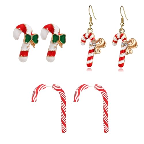 3 Pairs Christmas Candy Earrings for Women Candy Cane Enamel Rhinestone Earrings Stocking Stuffer Jewelry Gift (candy cane)