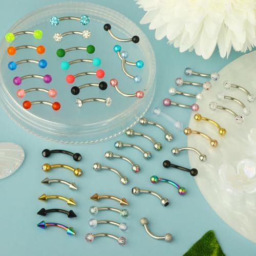 Suotarn 47pcs 16G Stainless Steel Eyebrow Piercing Rings Clear CZ Curved Barbell Helix Daith Rook Earrings Piercing Body Jewelry for Women Men2