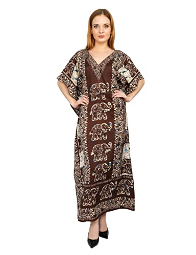 Image of Shah Crafts.Women Kaftan Dress Tunic Maxi Gown Night Dress Long Beach Cover Up Gown Swimsuit Top Nightdress Robe Loungewear Plus Size Color-Brown