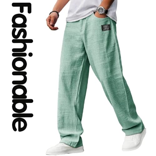 Mokaloha Mens Pants, Pacificozy Men's Casual Hemp Embroidered Logo Comfortable and Breathable Elastic Waist Trousers3