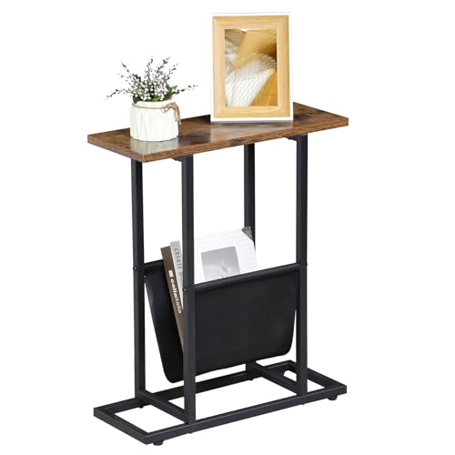SUPER DEAL Side Table with Magazine Holder Sling, Narrow End Table Slim Nightstand Wood Look Accent Table with Metal Frame for Small Spaces, Industrial, Easy Assembly, Rustic Brown and Black