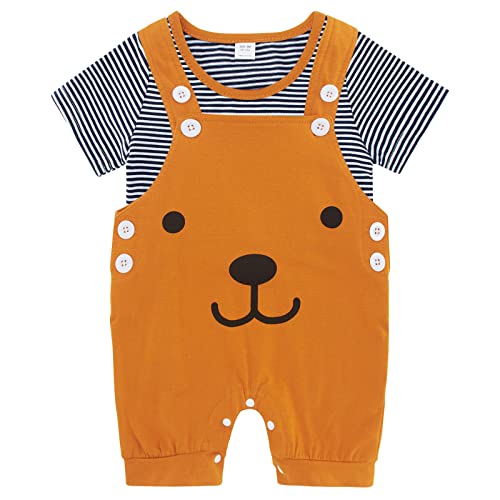 Image of SFreeBo Baby Boy Clothes 0-3 Months Summer Baby Boy Casual Outfits Clothes Set Infant Stripes Short Sleeve T-shirt Top + Bear Overalls Pants 2pcs Set