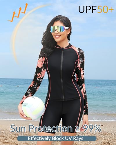 Daci Women 3 Piece Rash Guard - 3PC Long Sleeve Zip up Swim Shirt Sports Bra Modest Swimsuit with Shorts2