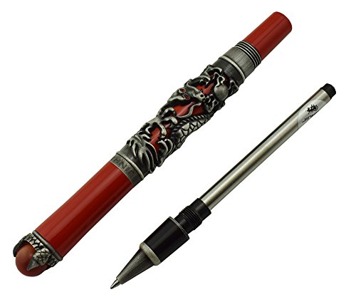 Jinhao Vintage Dragon Roller Ball Pen Red Gray For Journal Notebook, Travel Diary With Pen Pouch And Jewelry On Top Heavy Pen #TOP4