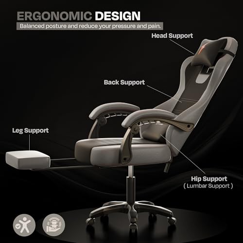 Drogo Aura Ergonomic Gaming Chair With Premium PU Leather Fabric, Linkage Armrest, Adjustable Neck & Lumbar Pillow | Computer Chair For Study | Office Chairs For Work From Home With Recline(LightGrey) - Image 4