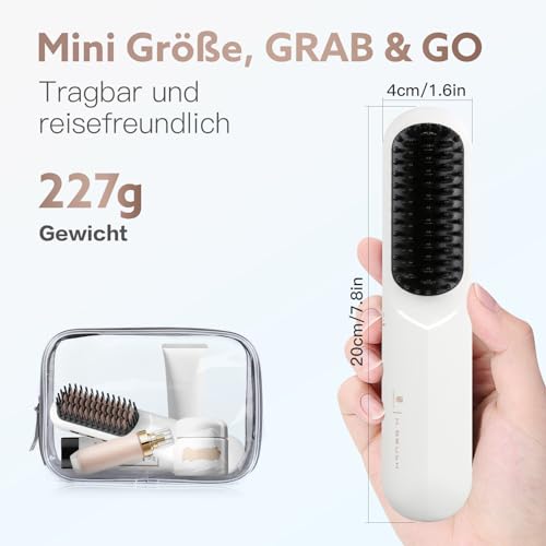 webeauty Glättbürste Kabellos, 200 Millionen Negative Ionen Glättungsbürste, Wiederaufladbare Haarglätter Bürste, Tragbare Mini Glättbürste mit Typ C Ladekabel für Reise, Weiß
