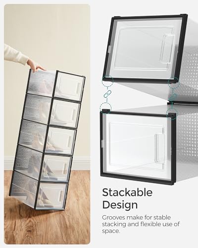 Image of SONGMICS Shoe Boxes, Pack of 18 Shoe Storage Organizers, Stackable Clear Plastic Boxes for Closet, Sneakers, 13.7 x 9.9 x 7.4 Inches, Transparent and Black ULSP007B18
