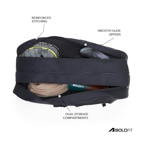 Image of Boldfit Courthaul Badminton Kit Bag for Men & Women 6 Rackets Double Zipper Sports Kit Bag with Backstrap Durable Polyester Badminton Racket Bag for Training, Match & Travel - Black