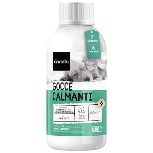 Calmante per Gatti e Cani 100ml, con Vitamina D3, B3, B6, E, Zinco, Taurina e L-Triptofano, Gocce Calmanti per Cani e Gatti in caso di Solitudine, Rumori, Viaggi, Visita Veterinaria e Toelettatura