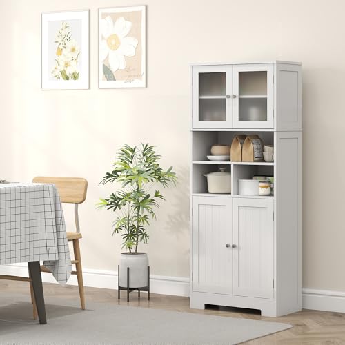 Miniatura 9 de Homcom Alacena De Cocina Mueble Auxiliar De Cocina Aparador Alto Con 2 Puertas De Vidrio Estantes Ajustables Y Compartimentos Abiertos 60x30x145,5 Cm Blanco