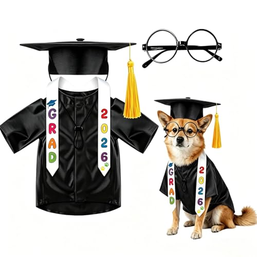 4 Pcs Dog Cat Graduation Costume Set - 2026 Pet Graduation Cap and Gown with Stole Lensless Glasses Costume Outfit for Dog Cat Doll Clothes Holiday Grad Party Outfit Accessory