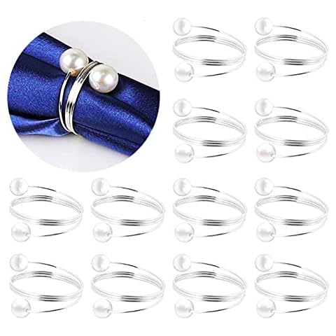 Pearls Napkin Rings Wedding, Silver Gold Serviette Napkin Buckle Holder for Valentine's Day,Christmas,Family Gathering,Dinner Party(Silver-12 PCS) Cover