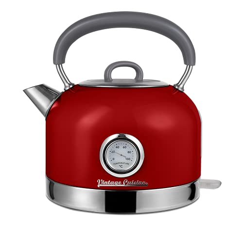 ELEKTRISCHER WASSERKOCHER VINTAGE CUISINE MIT THERMOMETER IM RETROSTIL (Red)