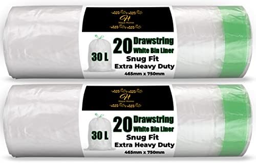 Haya Home 30L Litre 40 Drawstring Extra Strong Kitchen Bin Liner Heavy Duty Bin Bags White Plastic Refuse Sacks tie top handle large Waste Dustbin Bags for Kitchen Home Office DIY Garden