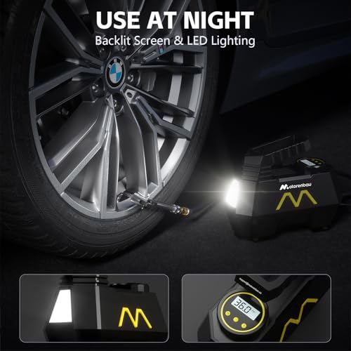 Motorenbau Compresor Aire Portatil, Inflador Ruedas Coche 150 PSI, Inflador de Neumáticos de 12 V CC con Manómetro Digital y Luz LED para Neumáticos de Auto, Motos y Bicicletas, Amarillo - imagen 5