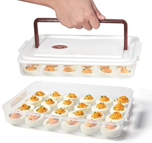 PIUGERU Deviled Egg Containers with Lid, (Set of 2), Plastic Deviled Egg Tray Carrier with Handle for 48 Eggs, Clear Storage Egg Platter for Devil Egg, Fridge Stackable Portable Egg Holder