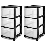 Sterilite 28309002 3 Drawer Cart, Black Frame with Clear Drawers and Black Casters, 2-Pack