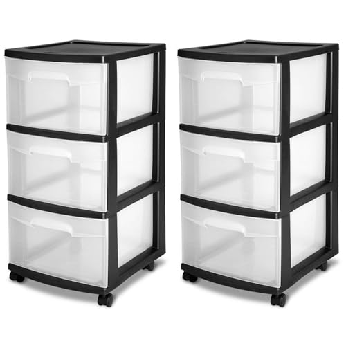 Sterilite 2 Pack Plastic Storage Organizer, 3 Drawer Rolling Bin Cart, Closet Organization, Black