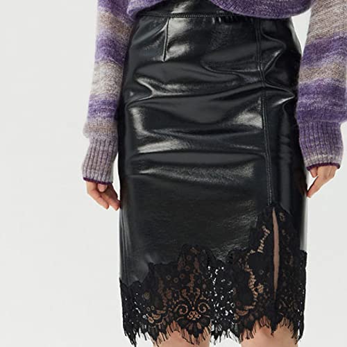 Stylish Midi Wrapped Skirt For Womens Soft Pencil High Waist Sexy Lace Faux Leather Zipper Bodycon Skirts Black #TOP5