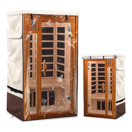 Exokugo Outdoor Wood Sauna Cover,Sauna Covers with Separate Top Cover for Wood Home Spa Saunas,40" Lx37 Dx73 H with PVC Clear Door Design,Beige&Brown